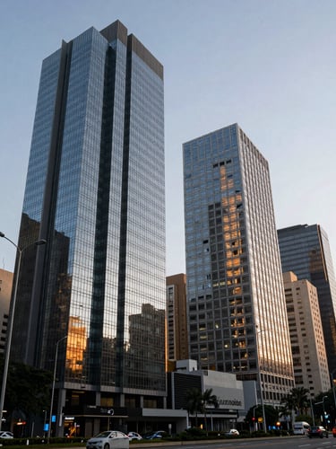 Wide environmental shot of Avenida Faria Lima, São Paulo, with modern glass skyscrapers reflecting the cool morning light, high-contrast corporate architecture.