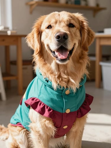 Bright warm daylight, eye-level shot of a happy golden retriever wearing a colorful teal and berry poncho sitting in a sunny artisan workshop, 35mm lens