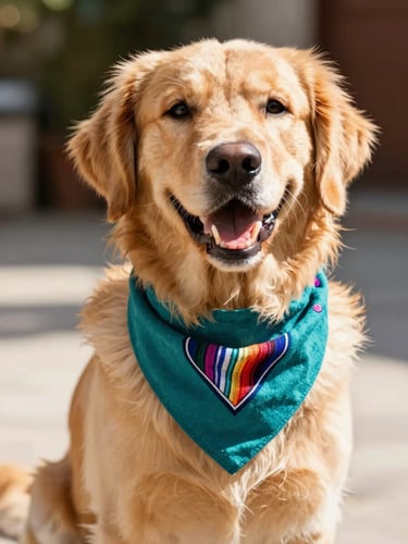 A cheerful golden retriever sitting outside in warm natural sunlight, wearing a colorful handcrafted teal Mexican-style bandana, looking directly at the camera with a happy open mouth.