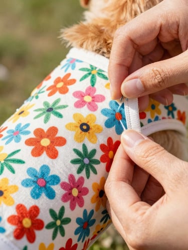 Close-up of hands carefully sewing a colorful floral pattern onto a small dog vest, warm natural light, focus on the fabric texture, 35mm lens