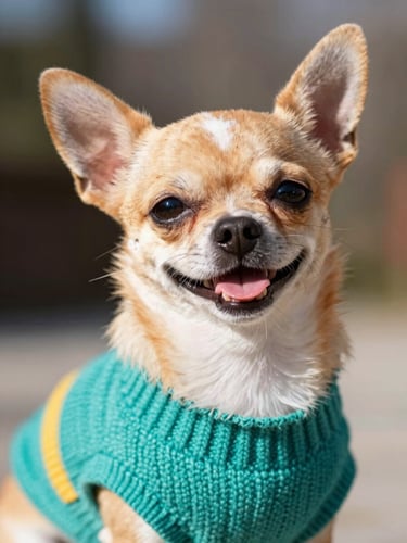 A happy small chihuahua wearing a colorful teal knitted sweater, bright natural daylight, cheerful warm tones, close-up eye-level shot