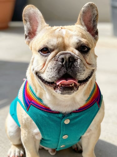 A happy, chubby French Bulldog wearing a colorful handcrafted Mexican teal vest, sitting comfortably on a sunny patio, eye-level bright natural light
