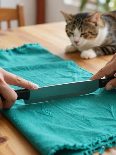 Close-up of hands cutting vibrant teal fabric on a wooden table, a sleepy cat resting nearby, warm natural daylight, cozy Mexican home workshop