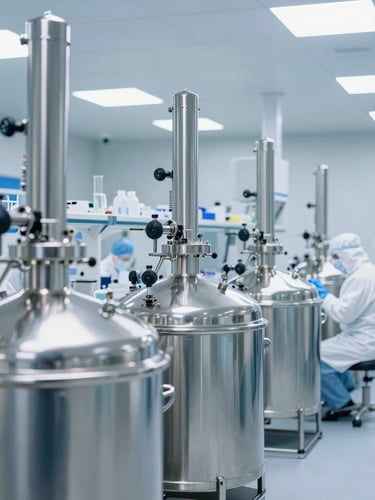 Wide shot of a clean-room laboratory with stainless steel bioreactors and scientists in full PPE, cool clinical lighting, high-key white with subtle blue undertones, sharp focus.