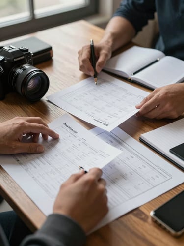 Agency team member's hands spreading printed content calendar sheets on a wooden table, camera and notebook alongside, overhead natural window light, no faces visible, focus on the planning materials