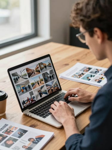 Tight editorial shot of an agency team member reviewing a grid of market photographs on a laptop at a wooden table, natural window light from the left, a coffee cup and printed shot list visible nearby, no branding visible