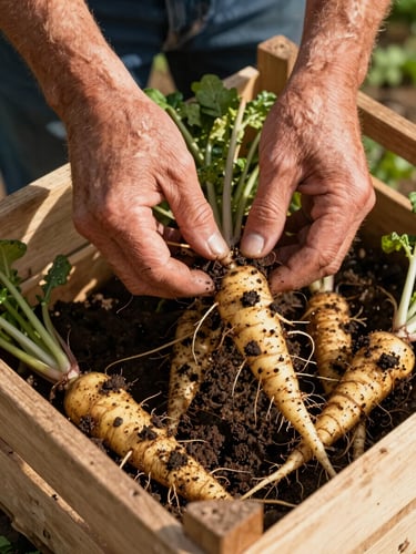 Close overhead shot of a farmer's hands sorting freshly pulled root vegetables on a wooden crate, soil still visible on the roots, natural north-facing daylight, no flash
