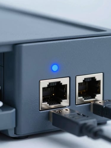 Macro shot of a printer Ethernet port and USB connection, blue status LED blinking, cool slate gray metal chassis, sharp focus, 35mm