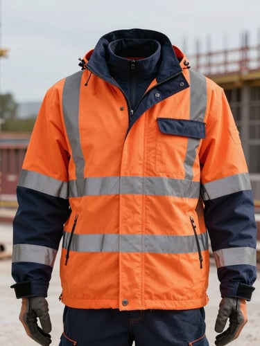 A professional construction worker wearing a high-visibility navy and safety orange jacket with reflective strips, standing on an active construction site, daylight, sharp focus, 50mm lens