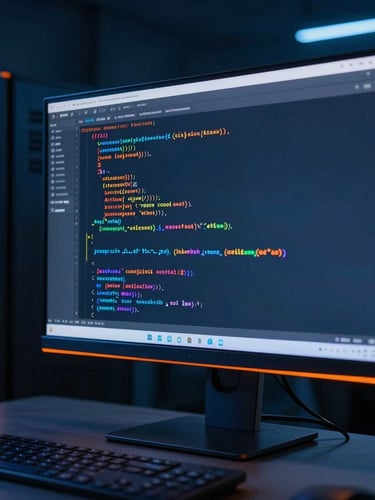 Macro shot of clean code on a modern monitor in a dark workspace, illuminated by low-key blue studio lighting and sharp orange accents, 35mm.