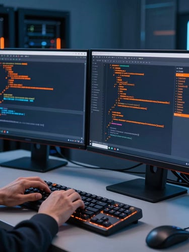 Hands of a software architect typing clean code on a mechanical keyboard, dual monitors displaying system architecture diagrams with orange highlights, moody blue studio lighting, 35mm