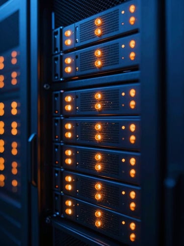 Macro shot of a high-security digital server rack glowing with deep blue and sharp orange indicator lights, clean futuristic data center, 35mm