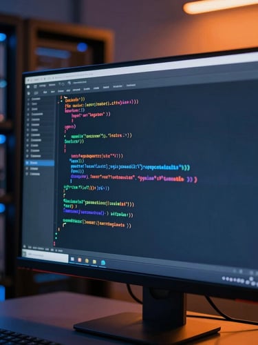 Macro shot of clean code on a monitor, soft dark blue and vibrant orange studio lighting, professional tech environment, 35mm