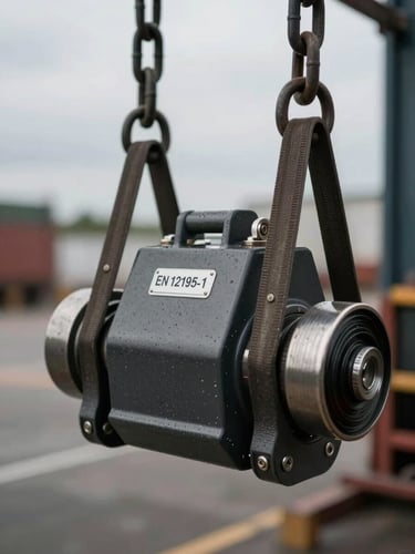 Close-up of heavy cargo securing mechanisms with heavy-duty chains and tensioners complying with EN 12195-1, overcast daylight, metallic textures.