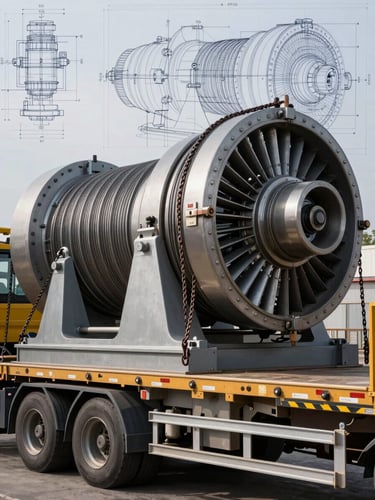 Technical blueprint overlaying a heavy transport trailer carrying a massive industrial turbine, tension chains secured according to EN 12195-1, overcast cold daylight, high contrast.