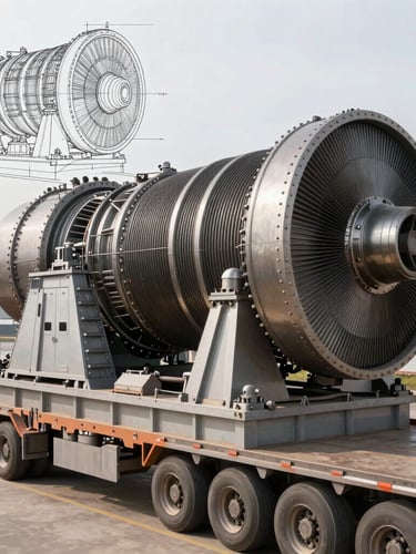 High-angle technical drawing overlaying a real photo of a massive industrial turbine on a multi-axle heavy transport trailer, overcast morning light, steel textures, sharp orange alignment lines.
