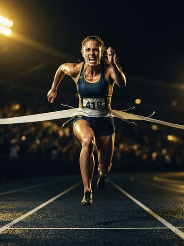 Low-angle dramatic sports photography of an elite runner crossing a finish line under gold stadium lights, dark background, sharp focus, 35mm