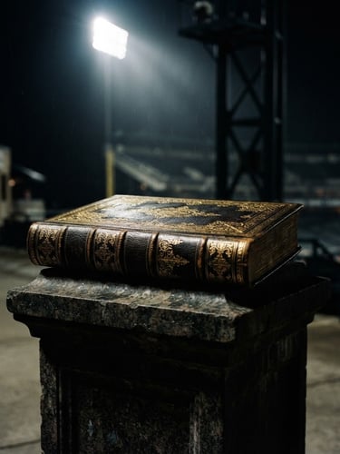 Dramatic stadium floodlight illuminating a heavy gold-embossed official record ledger on a dark stone pedestal, sharp focus, 35mm