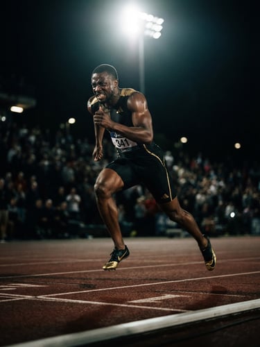 Low-angle dramatic 35mm photo of an elite athlete sprinting on a track under high-contrast stadium floodlights, dark gold tones, sharp focus.