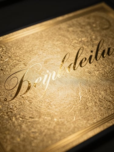Macro shot of a heavy gold-embossed certificate with elegant calligraphy, showing metallic texture under dramatic spotlighting, dark background