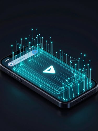 Isometric dark smartphone mockup showing a secure Telegram chat interface with glowing cyan data streams, deep obsidian background, high-contrast neon lighting