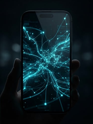 Dark high-tech terminal interface on a smartphone screen, glowing cyan network graphs, abstract data nodes, deep obsidian background, cinematic lighting, 3d render