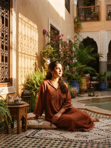 Cinematic portrait of a sun-drenched Moroccan riad courtyard, natural golden hour light casting dramatic geometric shadows on tadelakt walls, medium format film style.