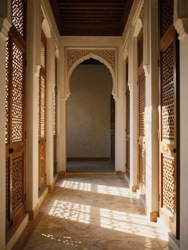 Vertical portrait of a luxury riad corridor, sunbeams cutting through carved wooden screens, dust motes dancing in the light, warm sand and ivory color palette, architectural symmetry