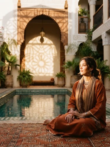 Editorial portrait photography of a sun-drenched Moroccan riad courtyard, natural golden-hour light filtering through a carved cedar archway, casting dramatic geometric shadows on ivory tadelakt walls, serene reflecting pool below, 50mm lens