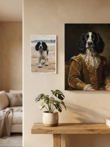 Side-by-side comparison of a blurry, candid pet photo next to a finished, regal custom pet portrait canvas hanging in a warm-neutral modern living room, soft golden-hour window light, shallow depth of field.