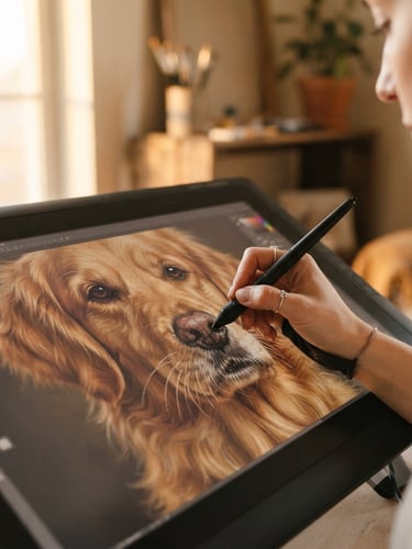 Close-up of a digital artist's hand using a stylus on a drawing tablet, carefully detailing the fine whiskers of a regal golden retriever portrait, soft golden-hour window light, warm neutral studio setting, shallow depth of field.