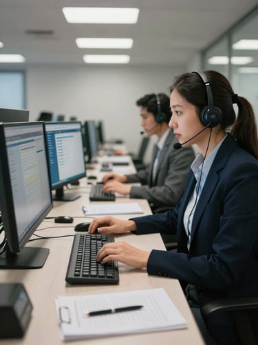 Close medium-wide shot of two call center agents at adjacent desks wearing headsets, eyes on dual monitors showing CRM screens, cool overhead fluorescent light casting sharp clean shadows on keyboards and notepads, active and focused, shot from a slight angle to show depth of the floor behind them