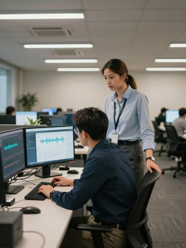 Close-medium shot of a QA manager standing beside a seated agent, both looking at dual monitors showing call recording waveforms and CRM data, cool fluorescent office lighting, active floor visible in background with multiple stations lit, framed left-aligned with negative space to the right