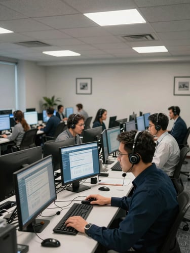 Wide shot of an active call center floor, multiple agents at desks wearing headsets during live calls, cool fluorescent ceiling light, monitors glowing with CRM dashboards, framed from slightly above showing scale and simultaneity of operations