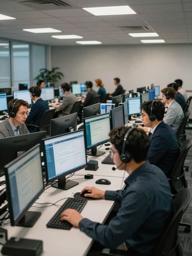 Wide shot of an active call center floor, multiple agents seated at workstations wearing headsets mid-call, cool fluorescent overhead lighting, rows of monitors glowing with CRM dashboards, shot from slightly elevated angle showing scale and simultaneity of operations