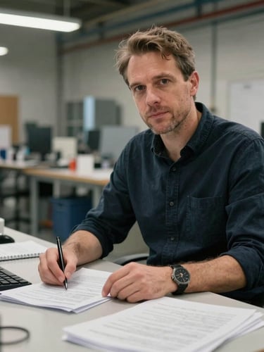 Portrait documentaire d'un gestionnaire de PME dans un atelier de fabrication lumineux à Québec, consultant des documents administratifs clairs
