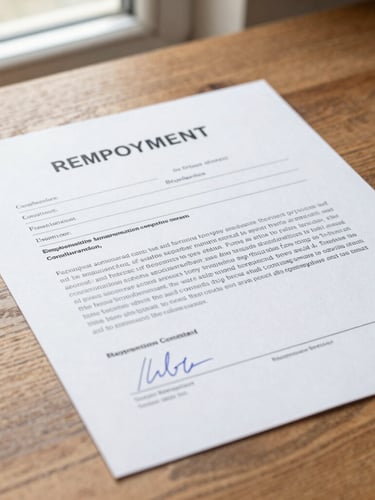 Close-up shot of a clean, well-structured employment contract on a textured wooden desk, natural daylight from a side window, focus on clear typography and official signature lines.