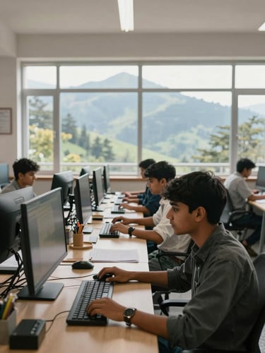 A bright, modern classroom in Shimla with students working on computers, natural mountain light streaming through large windows.