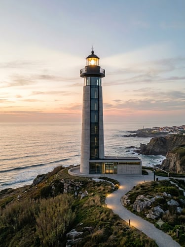 A tall modern concrete lighthouse illuminates a rocky coastline at sunset with a glowing path leading to the tower.