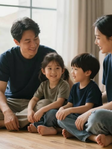 Environmental portrait of a family sitting together on a warm, sunlit living room floor, soft natural light from a window, peaceful atmosphere