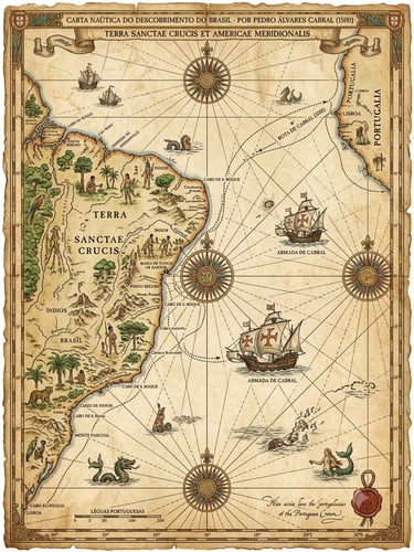 Vintage style nautical map showing Brazil and the Atlantic Ocean with Portuguese caravels and compass roses.