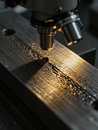 Close-up of a metallurgical microscope showing steel grain structure, high-contrast black and gold lighting, sharp metallic details, scientific precision
