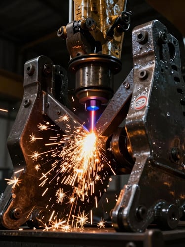 Low-angle dramatic industrial shot of a spectral testing laser analyzing a heavy steel excavator bucket link, sparks, golden and dark charcoal tones, metallic texture, 35mm