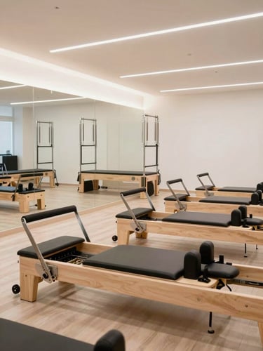 Wide environmental shot of a professional Pilates studio interior, row of black reformer machines aligned precisely, bright overhead natural light, light-toned floor, no people, clean and organized space