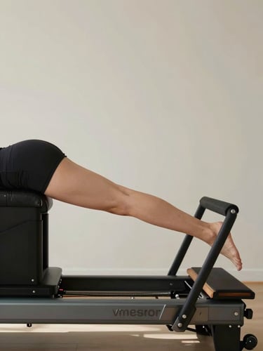 Side-profile overhead angle of a client in precise reformer position, black machine against pale studio floor, north-facing daylight, legs fully extended on footbar, clean alignment visible from hip to heel