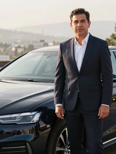 Portrait of a professional Ecuadorian driver in a dark suit standing next to an immaculate modern executive sedan, soft morning light in Quito, sharp focus, editorial travel photography.