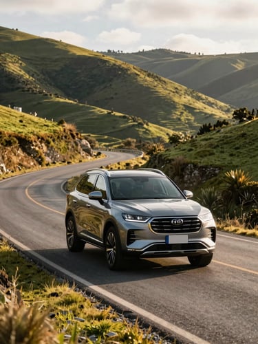 Modern executive SUV driving smoothly on a pristine paved highway winding through the green Andean highlands of Ecuador, golden hour light, editorial travel photography.