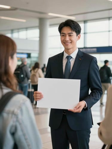 Medium shot of a professional driver in a clean suit welcoming guests at the bright, modern Quito airport arrivals terminal, holding a neat sign, warm natural light.