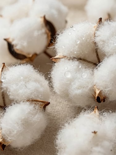Extreme macro close-up of wet organic cotton and recycled linen fibers being spun, water droplets reflecting soft studio light, raw neutral tones, highly tactile texture