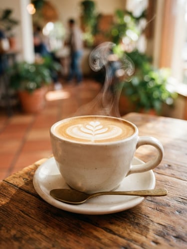 Close-up of steam rising from a freshly poured latte on a wooden table in a sun-drenched cafe, terracotta tiles and green plants blurred in the background, warm morning daylight